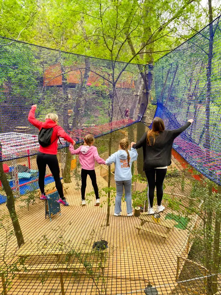 Groupe d'enfants explorant un parcours suspendu sécurisé, idéal pour les sorties scolaires et centres de loisirs au Parc Casse Noisette.